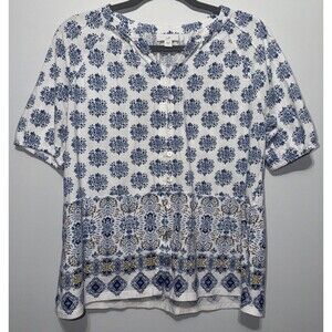 J Jill Blue Button Up V Neck Short Sleeve Peasant Boho Beach Top Small
